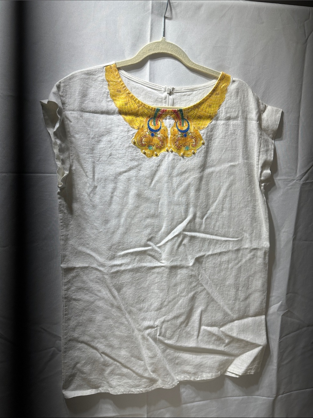 White Tunic Top with Yellow Embroidered Neckline